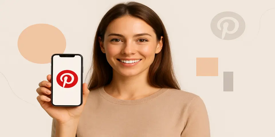 Young woman smiling while showing Pinterest logo on her smartphone.