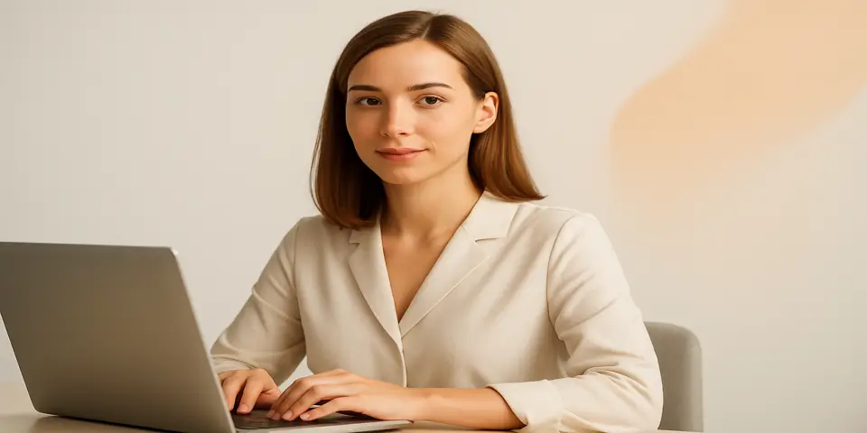 Focused writer using AI-based tools on a laptop in a creative workspace.