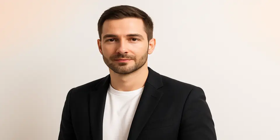 Confident professional in a black blazer promoting business strategy