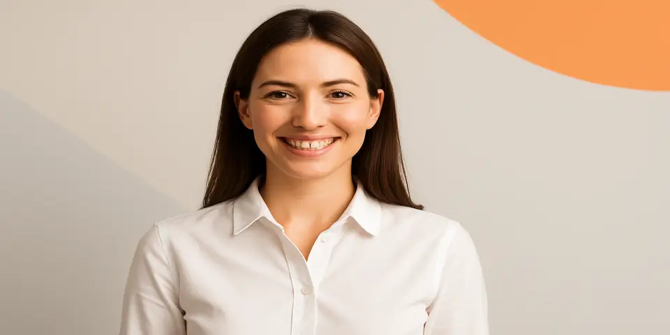 Professional woman smiling confidently in a clean, modern workspace.