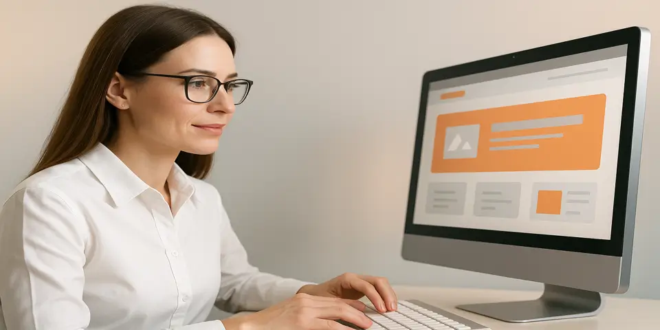 Designer evaluating web layout on desktop for a site redesign