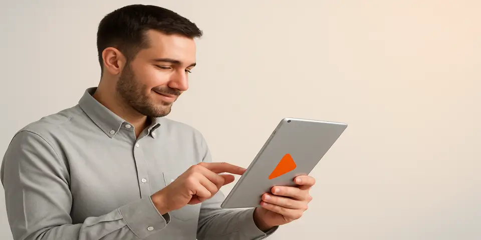 Young professional using interactive tablet content for marketing engagement