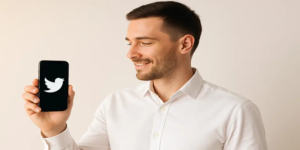 Businessman holding phone with Twitter logo on screen.