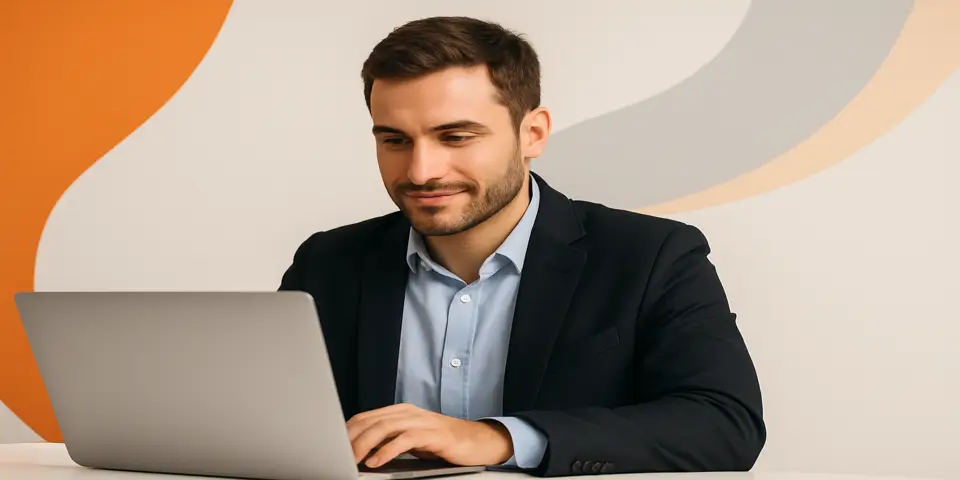 Business professional working on a web project on his laptop.