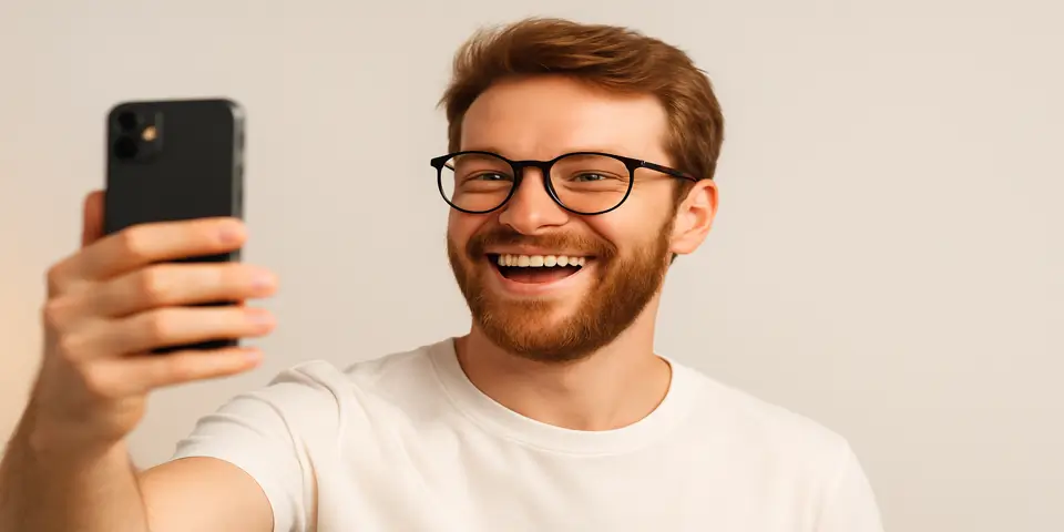 Smiling man taking a selfie, representing personal meme creation