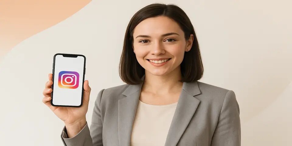 Young professional holding phone with Instagram logo, smiling confidently.