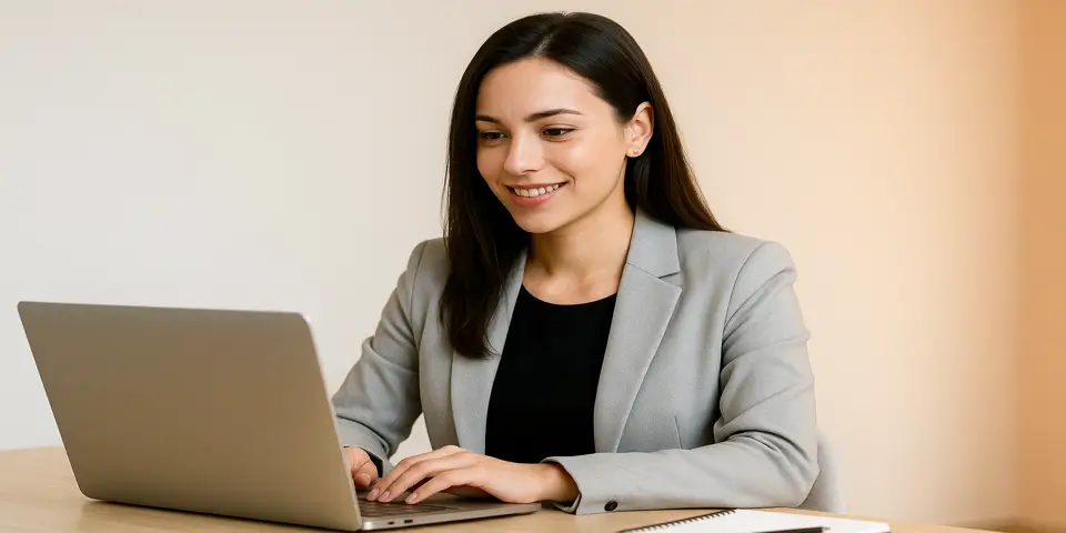 Professional woman planning PPC advertising campaign on laptop