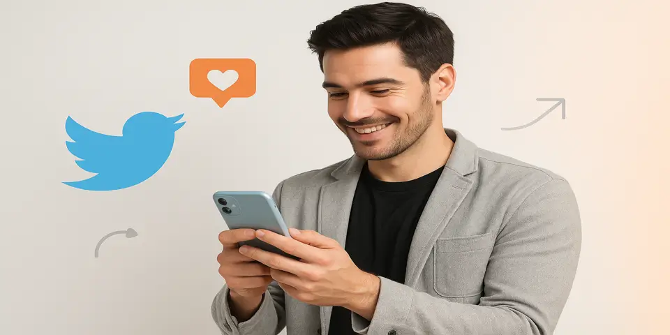 Young man in a light setting creating content for Twitter marketing.
