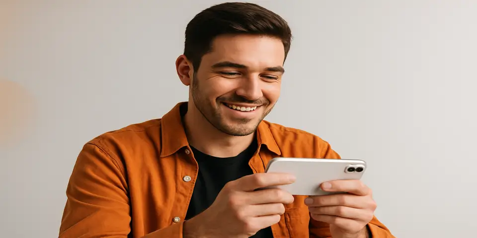 Young man in orange shirt watching YouTube ads on smartphone.