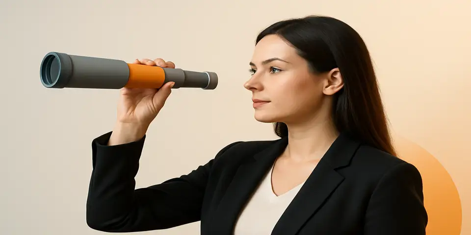 Focused professional using telescope to anticipate business trends.