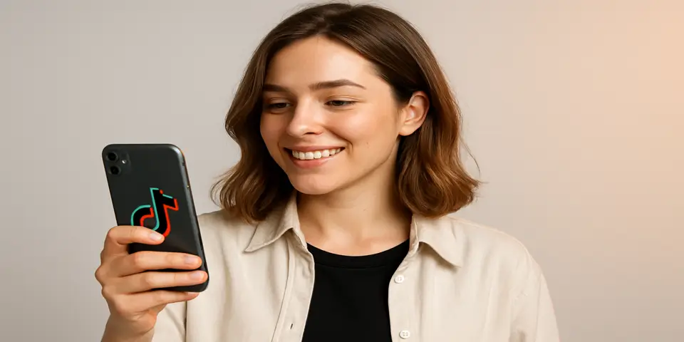Young woman smiling while holding a phone displaying TikTok branding.