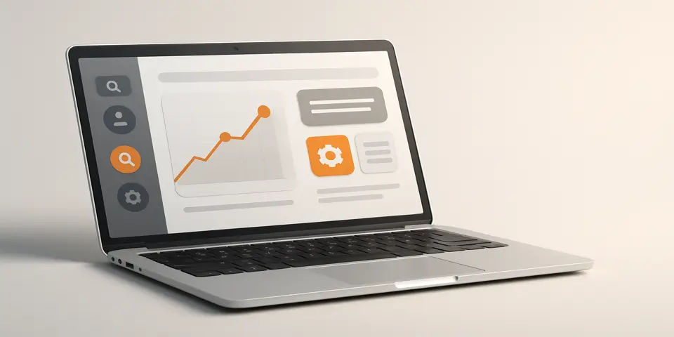 Open laptop displaying a custom software interface on a gradient background.