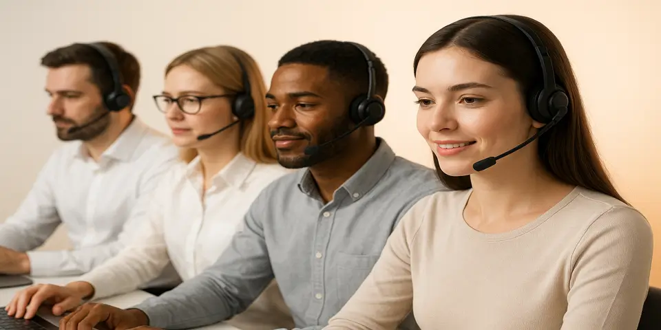 Team of customer support professionals collaborating at modern desks.