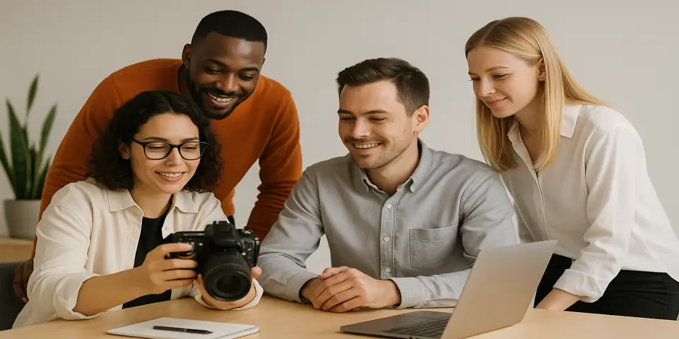 Diverse team collaborating around visual content creation tools