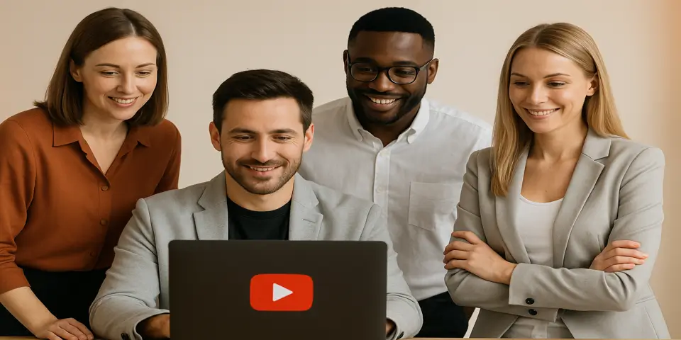 Team of professionals watching YouTube content on a laptop.