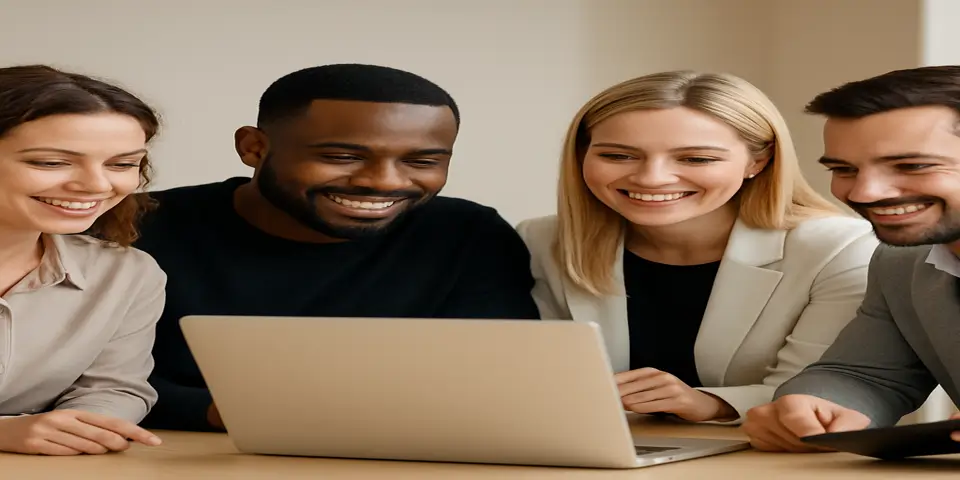 Four professionals collaborating around a laptop in a modern office.