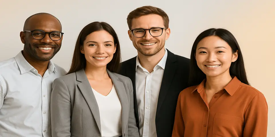 Team of four diverse professionals smiling in business attire.