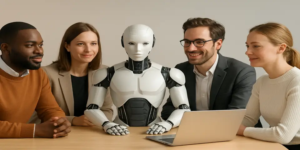 Team of professionals and robot discussing NLP-driven business strategy.