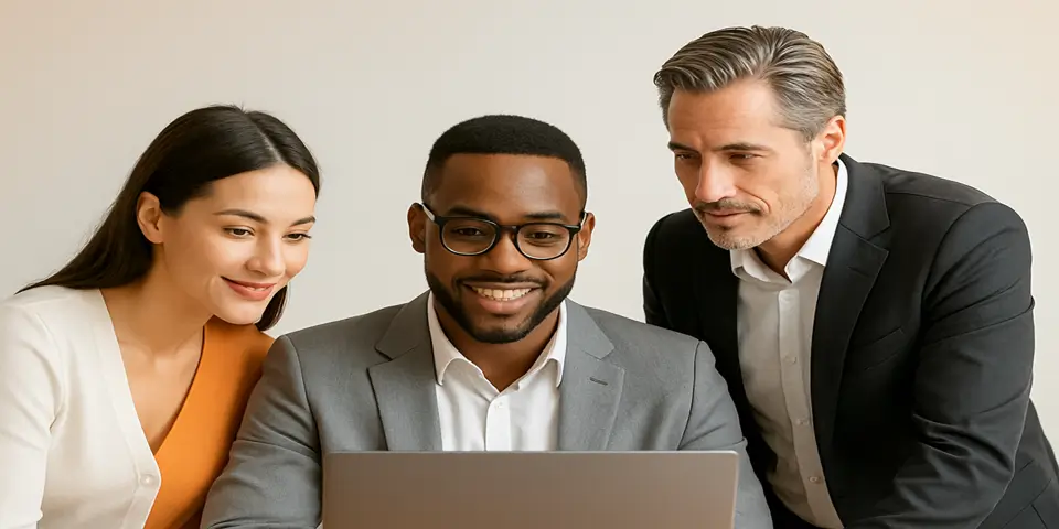 Team of marketers reviewing traffic ad campaign on laptop.