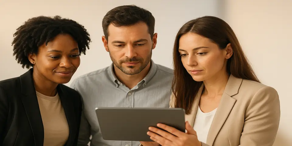 Team planning digital marketing strategy using a large monitor.