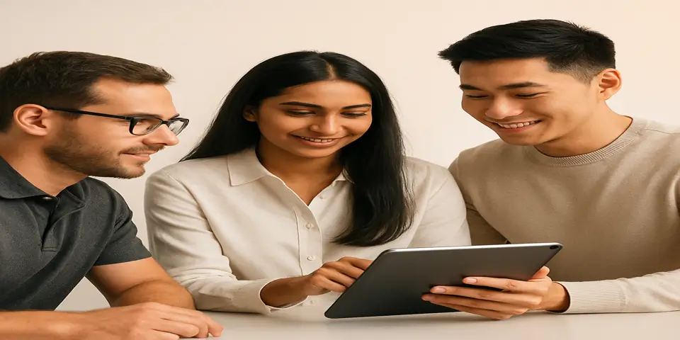 Three professionals collaborating over a tablet on marketing ideas.