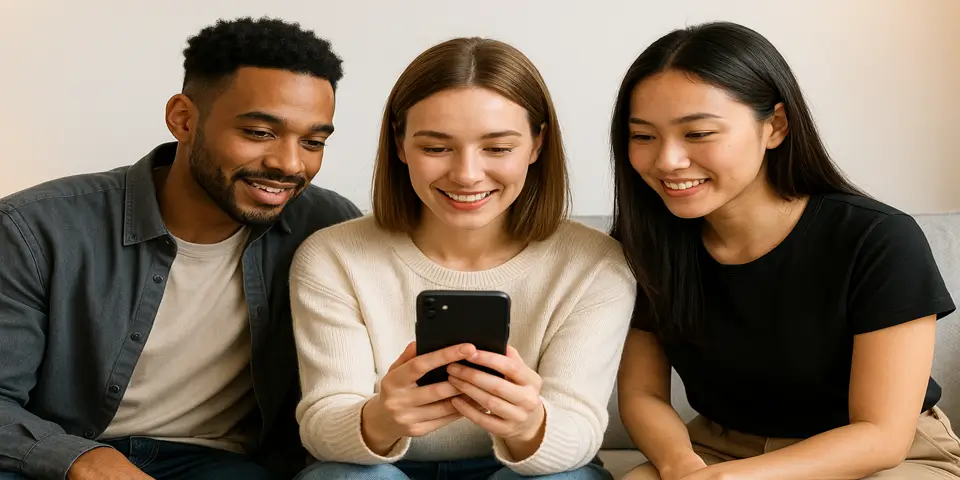 Three diverse young professionals smiling while viewing content on a smartphone.