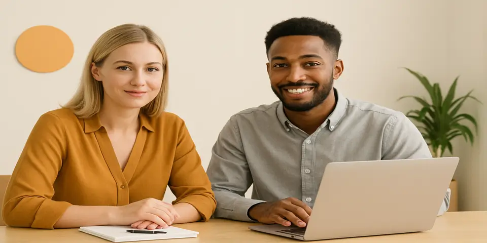 Two professionals discussing digital strategy using Squarespace platform tools