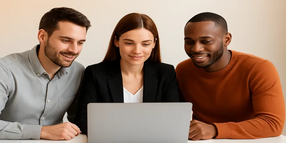 Three marketers collaborating on CPC ad strategies using a laptop.
