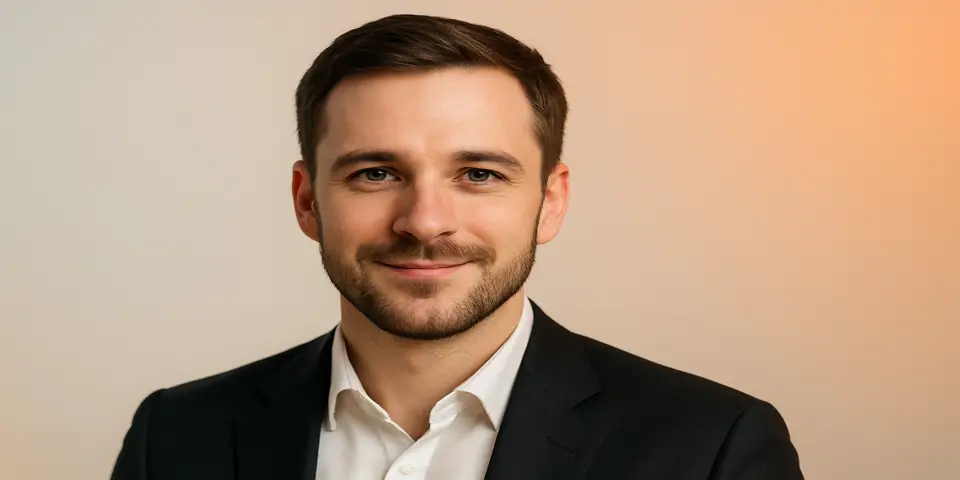 Young male professional smiling in a black blazer and white shirt.