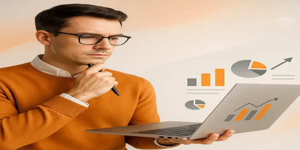 Business professional analyzing big data on digital screens.