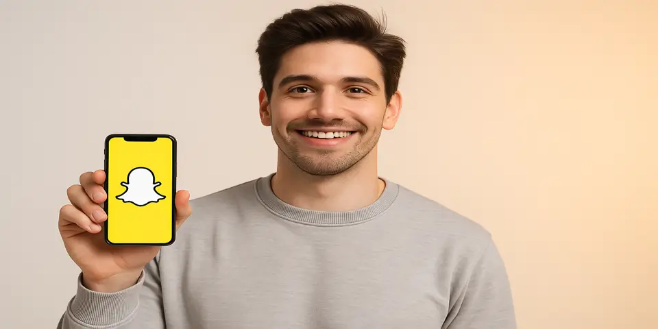Young man in hoodie using Snapchat on smartphone