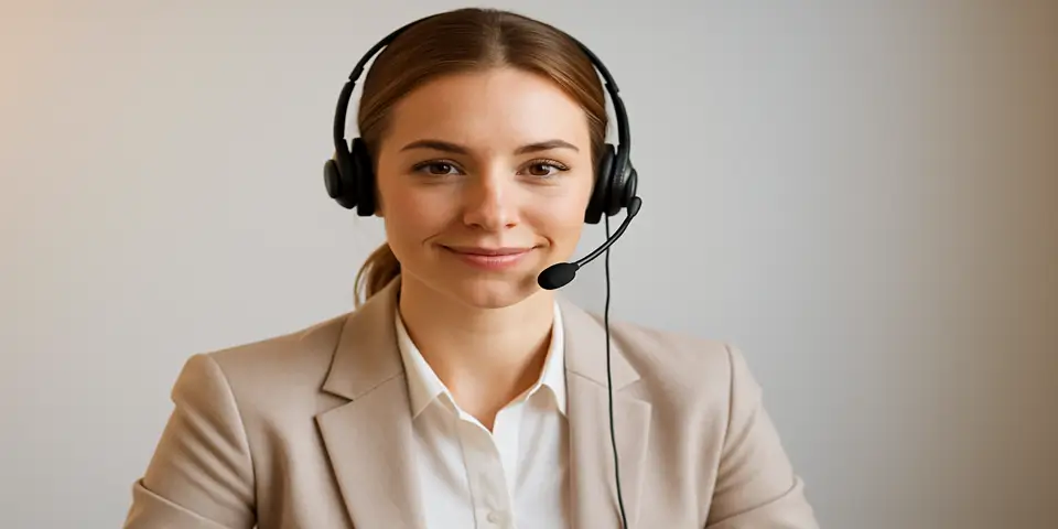 Customer support executive with headset, ready to assist clients.