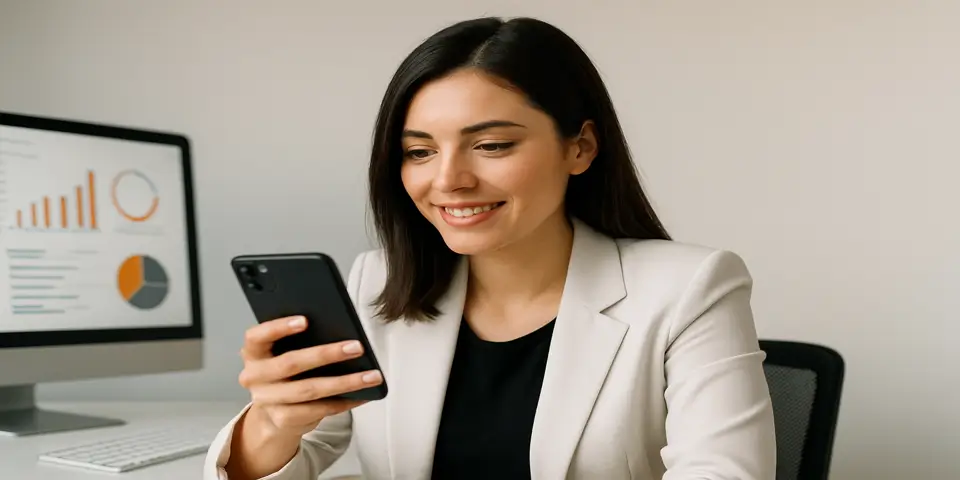 Marketing professional reviewing analytics on mobile phone at modern desk.