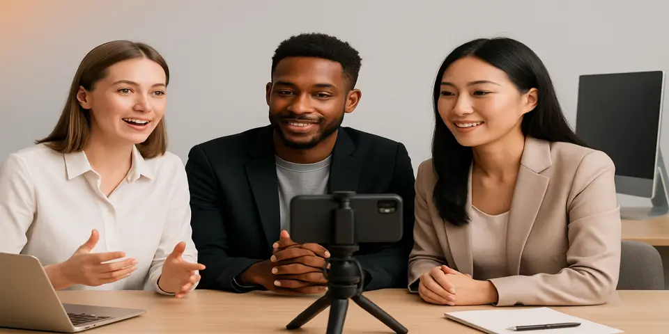 "Diverse team live streaming a discussion in a modern office"