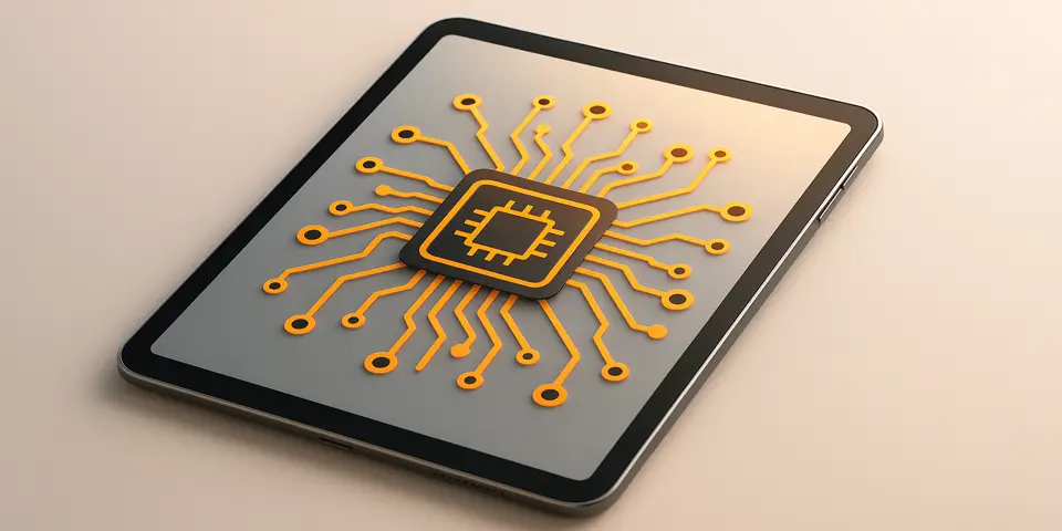 Tablet displaying circuit board design symbolizing tech in digital marketing.