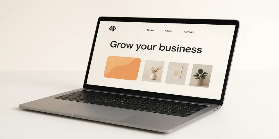 Modern laptop displaying a Squarespace website layout with business-focused content