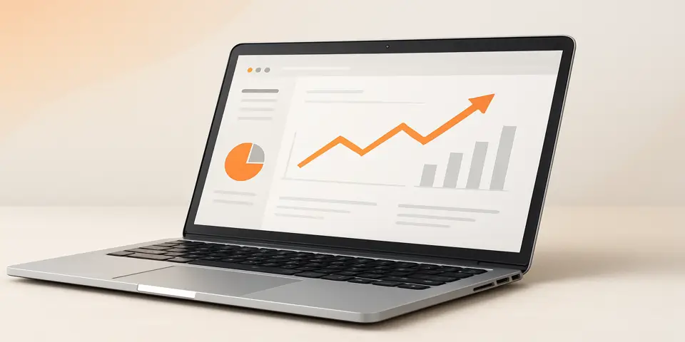 Laptop displaying SEO analytics dashboard with orange highlights.
