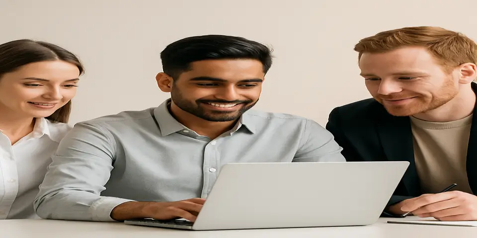 Diverse marketing team reviewing PPC campaign strategy on laptop