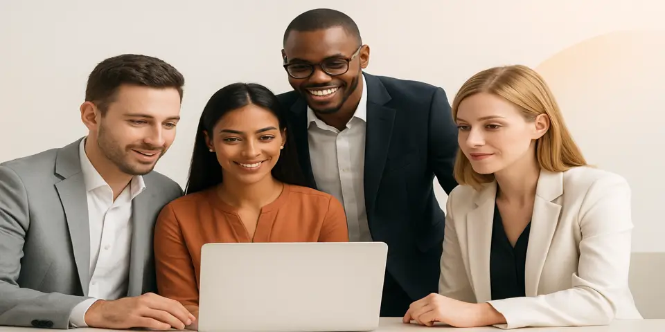 Diverse group planning digital ad campaign around a laptop