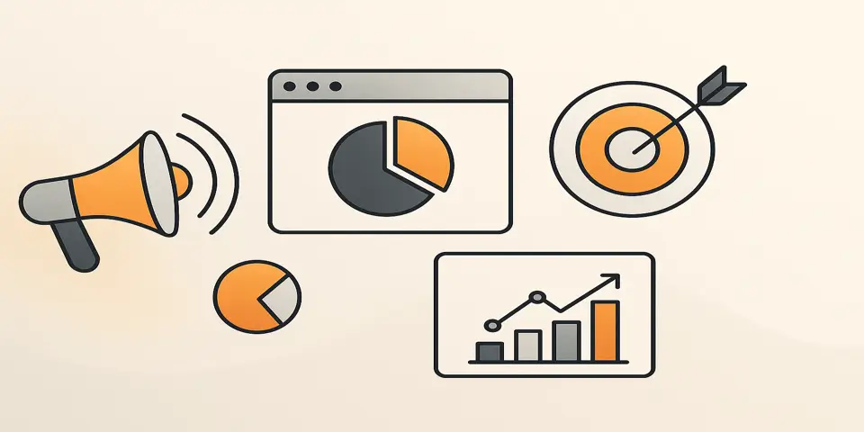 Minimal digital marketing icons showing key strategy elements