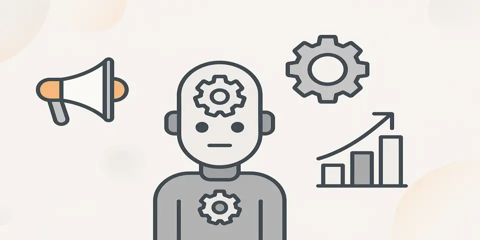 Abstract icons representing AI marketing and automation tools.