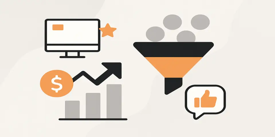 Minimalist icons representing funnel, target, magnet, analytics, and leads