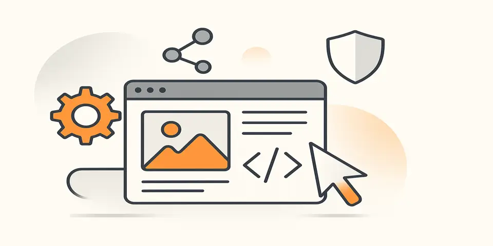 Abstract icons representing security, coding, and web architecture.