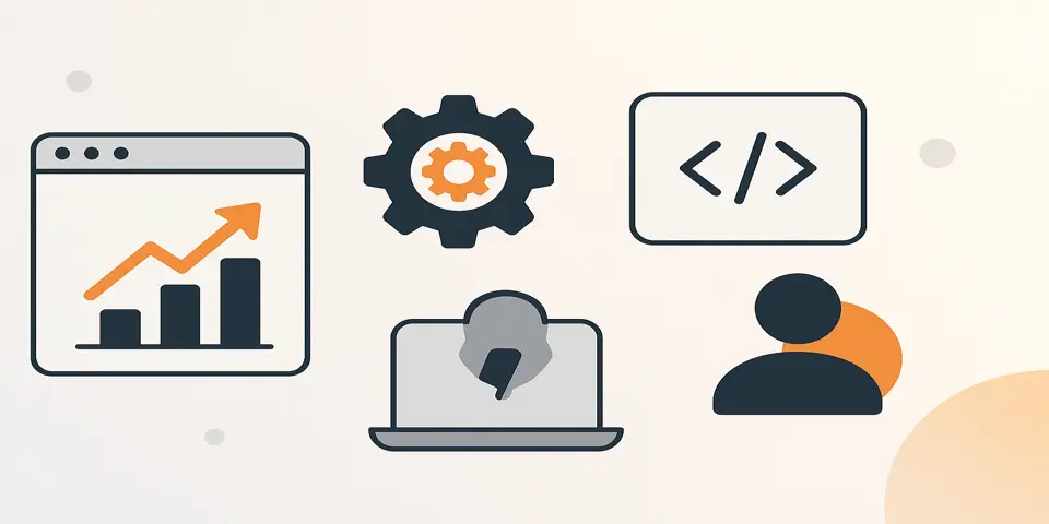 Abstract software-related icons representing features of custom software.