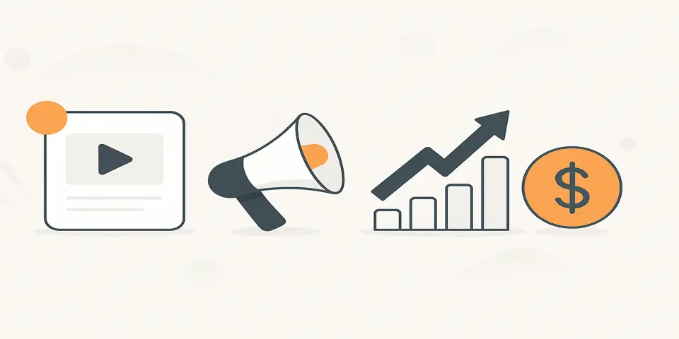 Icons of video, megaphone, graph, and dollar coin on light gradient.