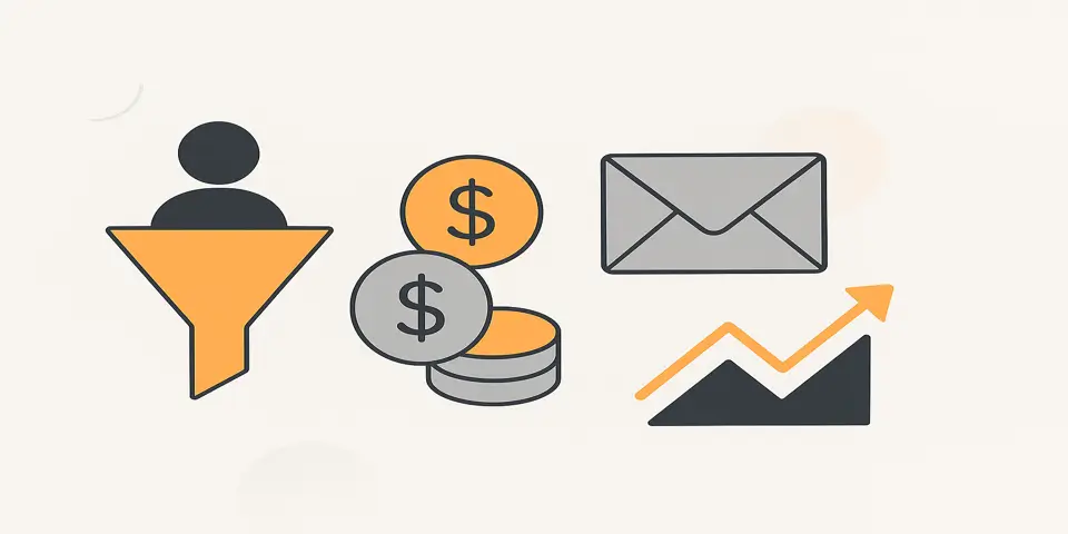 Icons symbolizing cost-per-lead marketing with graphs, target, and users.