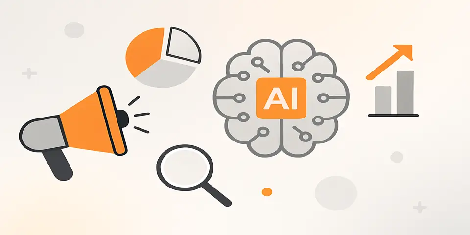 Abstract illustration with AI and marketing technology icons.