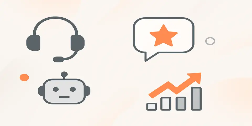 Icons representing customer support tools and digital assistance.