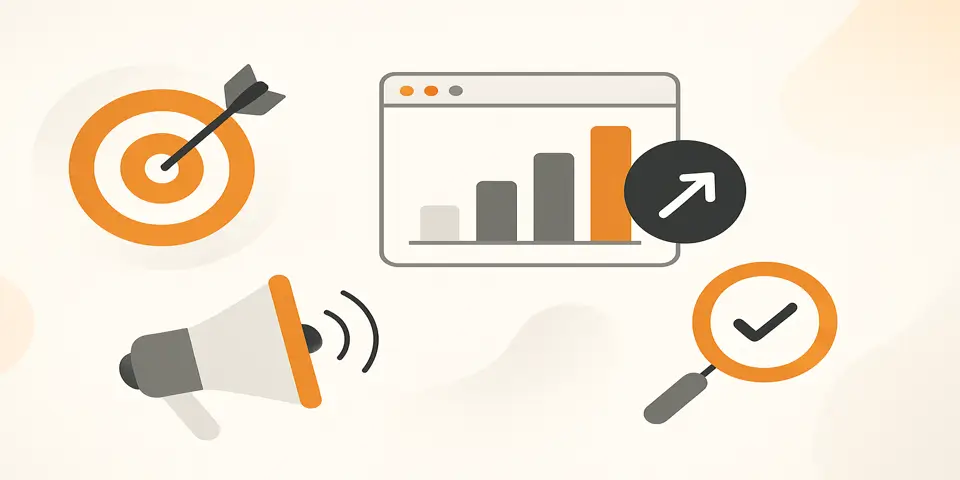 Set of digital marketing icons representing SEO tools and strategy.