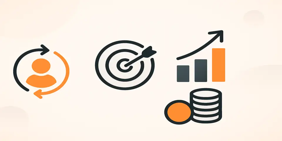 Icons representing retargeting campaigns and ROI optimization on soft gradient background.